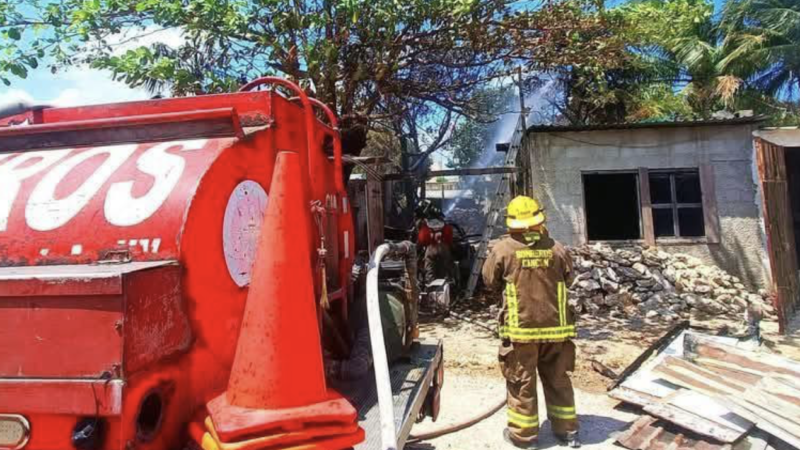 Bomberos rescatan a un perrito entre las llamas de un incendio en Cancún.