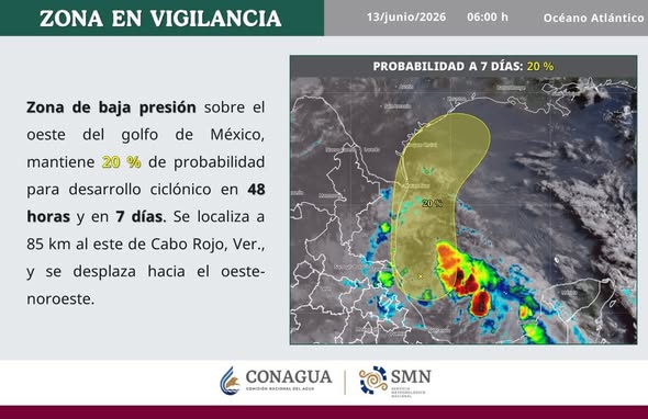 ZONA DE BAJA PRESIÓN CON 20% DE POSIBLE DESARROLLO CICLÓNICO